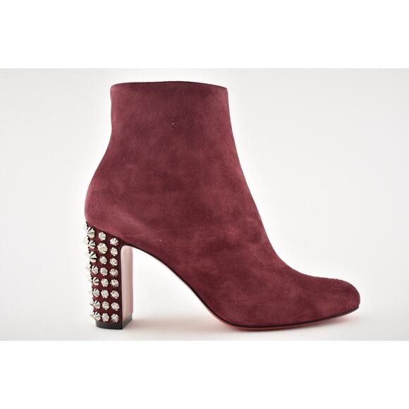 Christian Louboutin Suzi Folk 85 Prunus Red Suede Spike Ankle Heel Bootie 37 - Picture 2 of 12